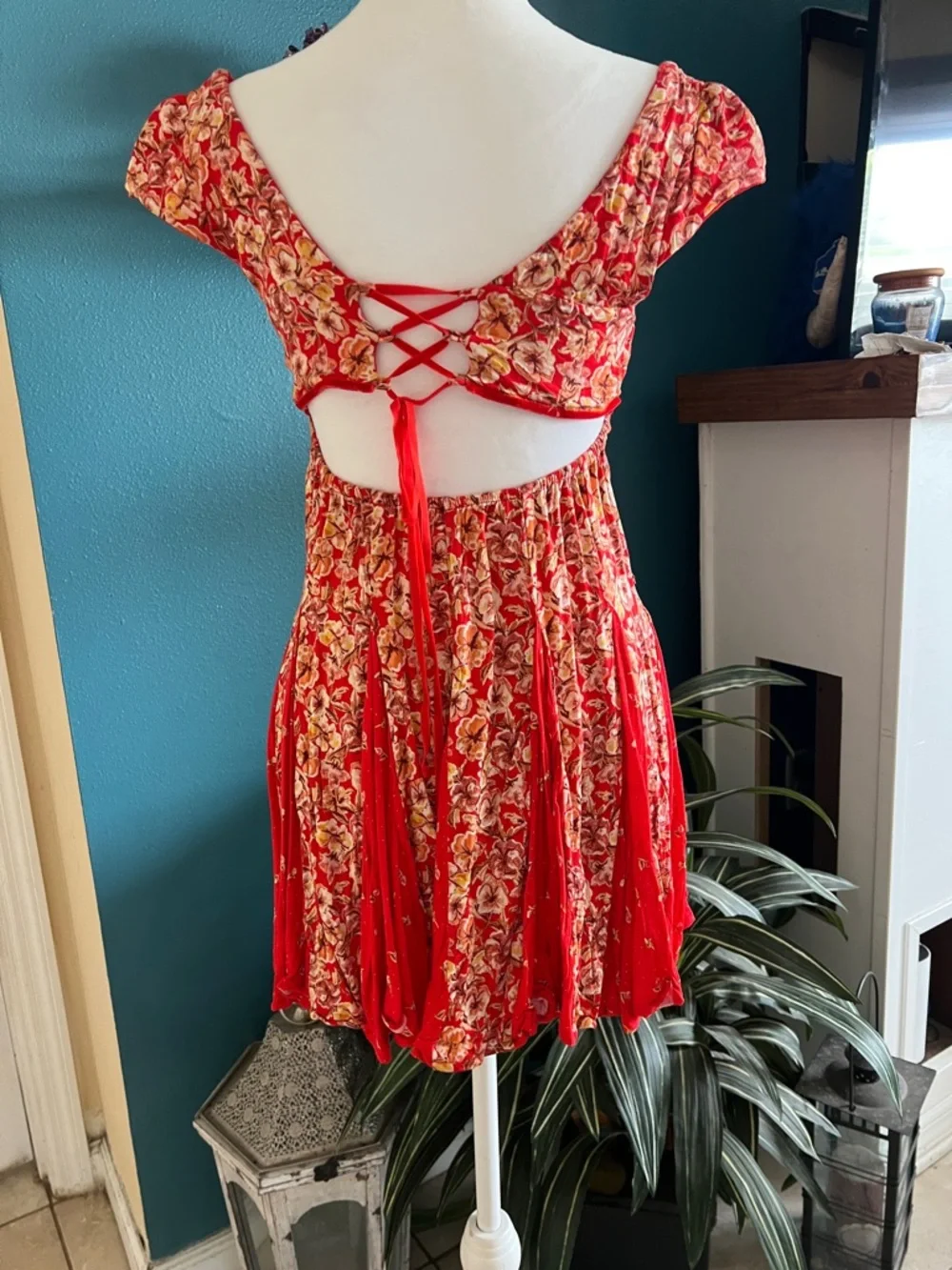 Free People Ponderosa Red Floral Backless Tie-Back Mini Dress - Picture 4 of 5
